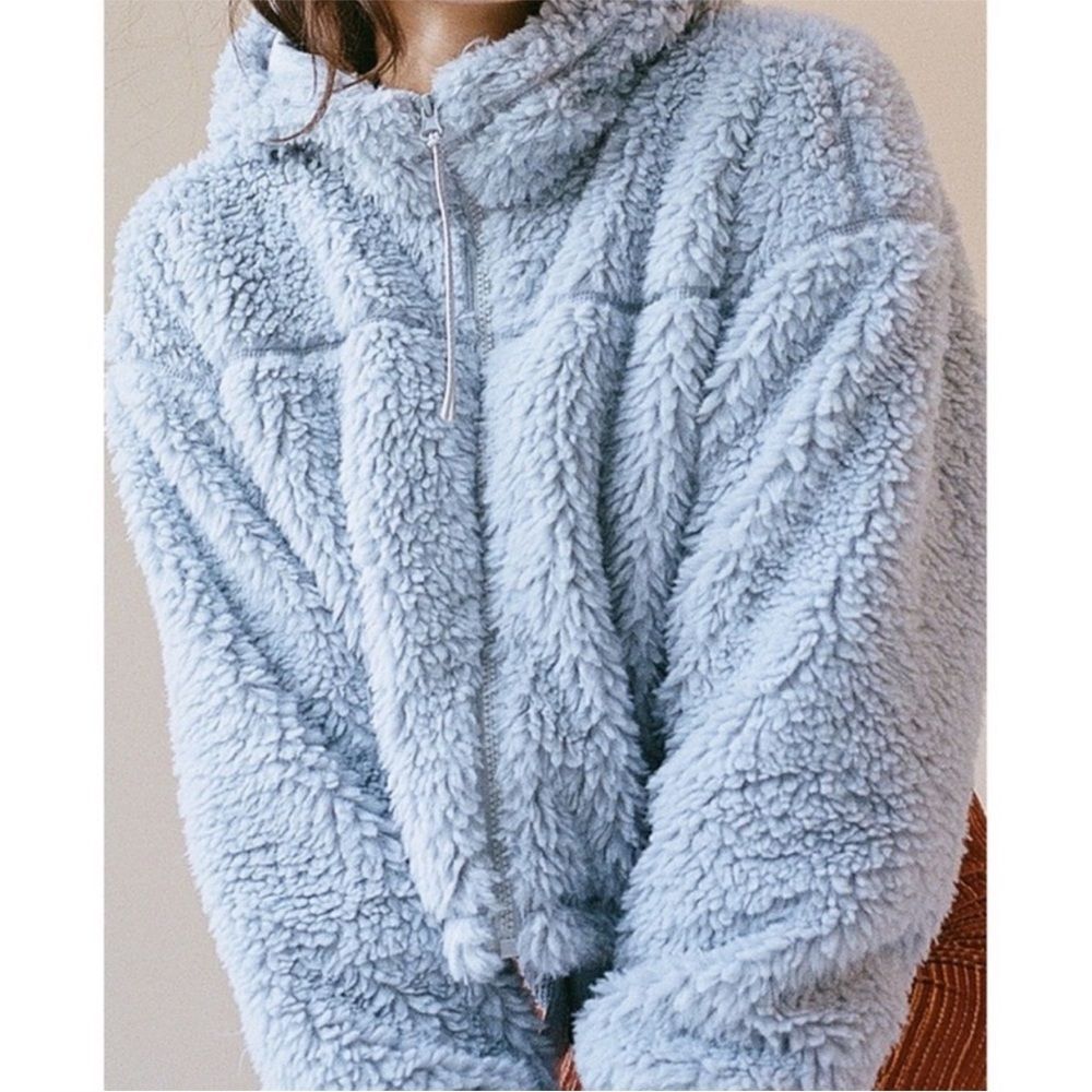 Urban Outfitters Light Blue Plush Hooded Zip Jacket
